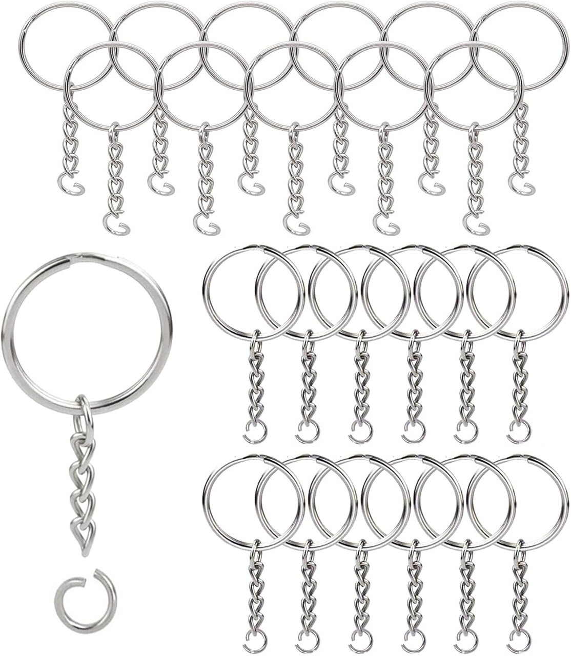 50Sets 1 inch Keychain Rings Silver Split Round Key Ring with Chain and Open Jump Rings for DIY Keychain Making Crafts